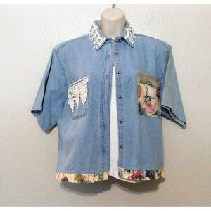 Vintage Girlfriends Denim Shirt L Blue Lace Floral Embellishments Short Sleeve